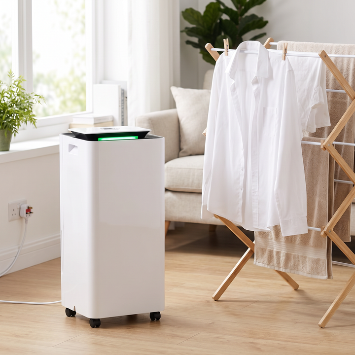 Dehumidifier and Air Purifier next to laundry drying indoors