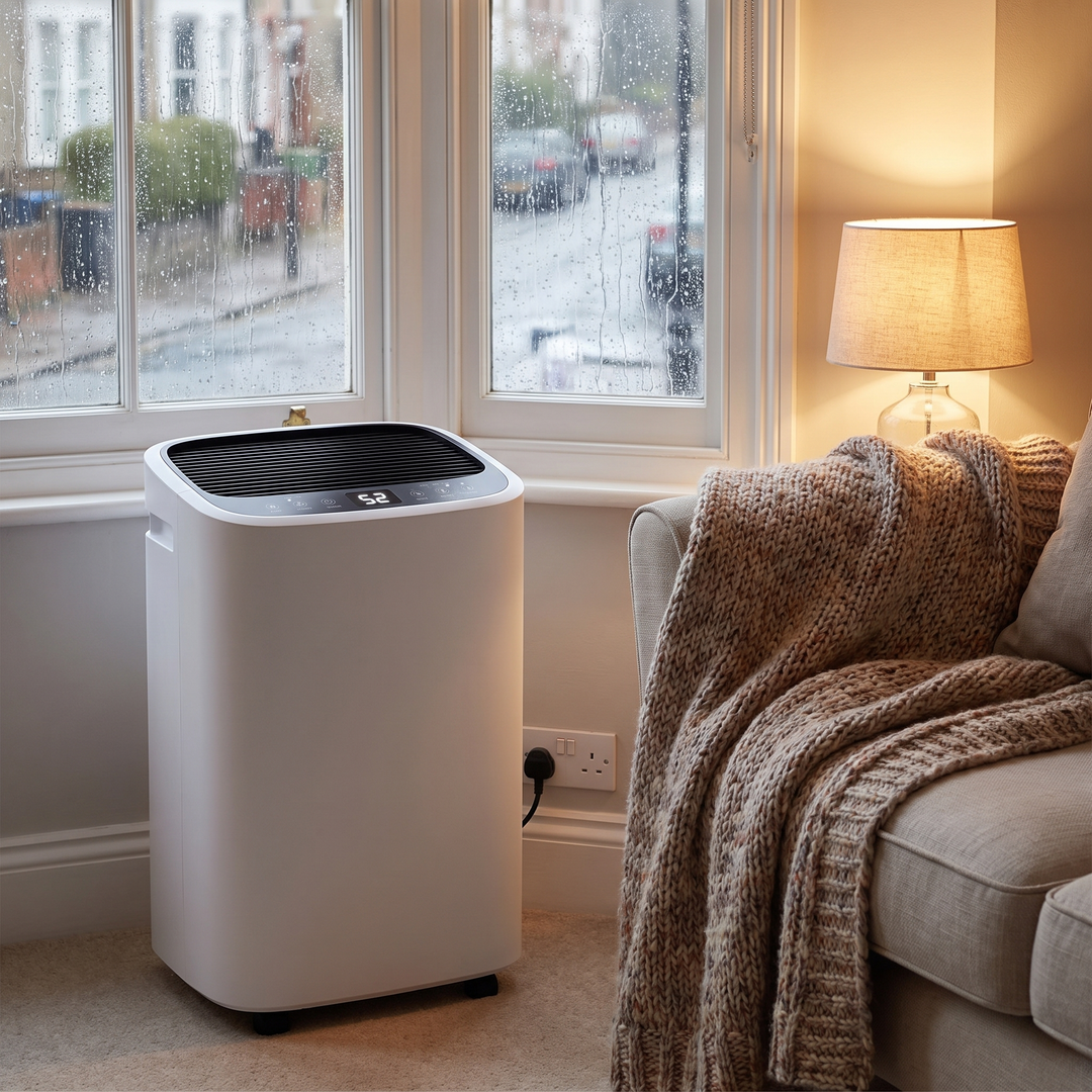 Whole-Home 16L Dehumidifier in a living room on a rainy day