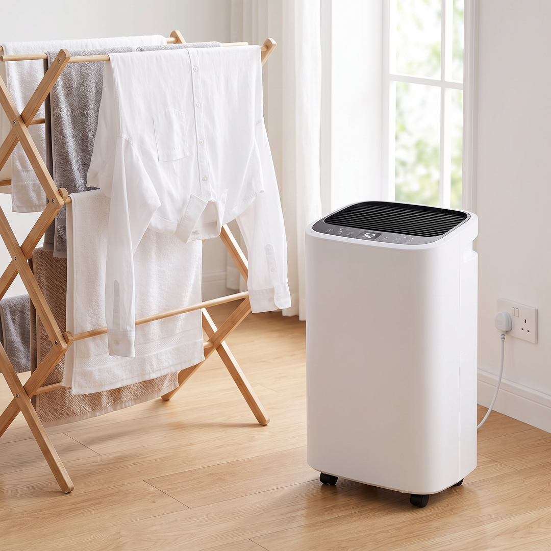 Whole-Home 16L Dehumidifier next to laundry drying indoors