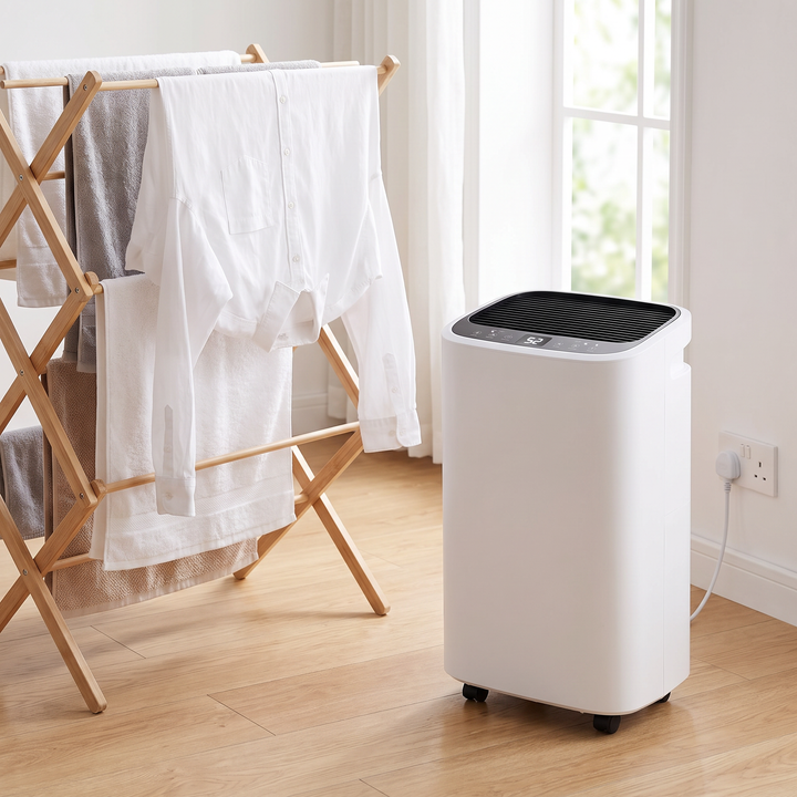 Whole-Home 16L Dehumidifier next to laundry drying indoors