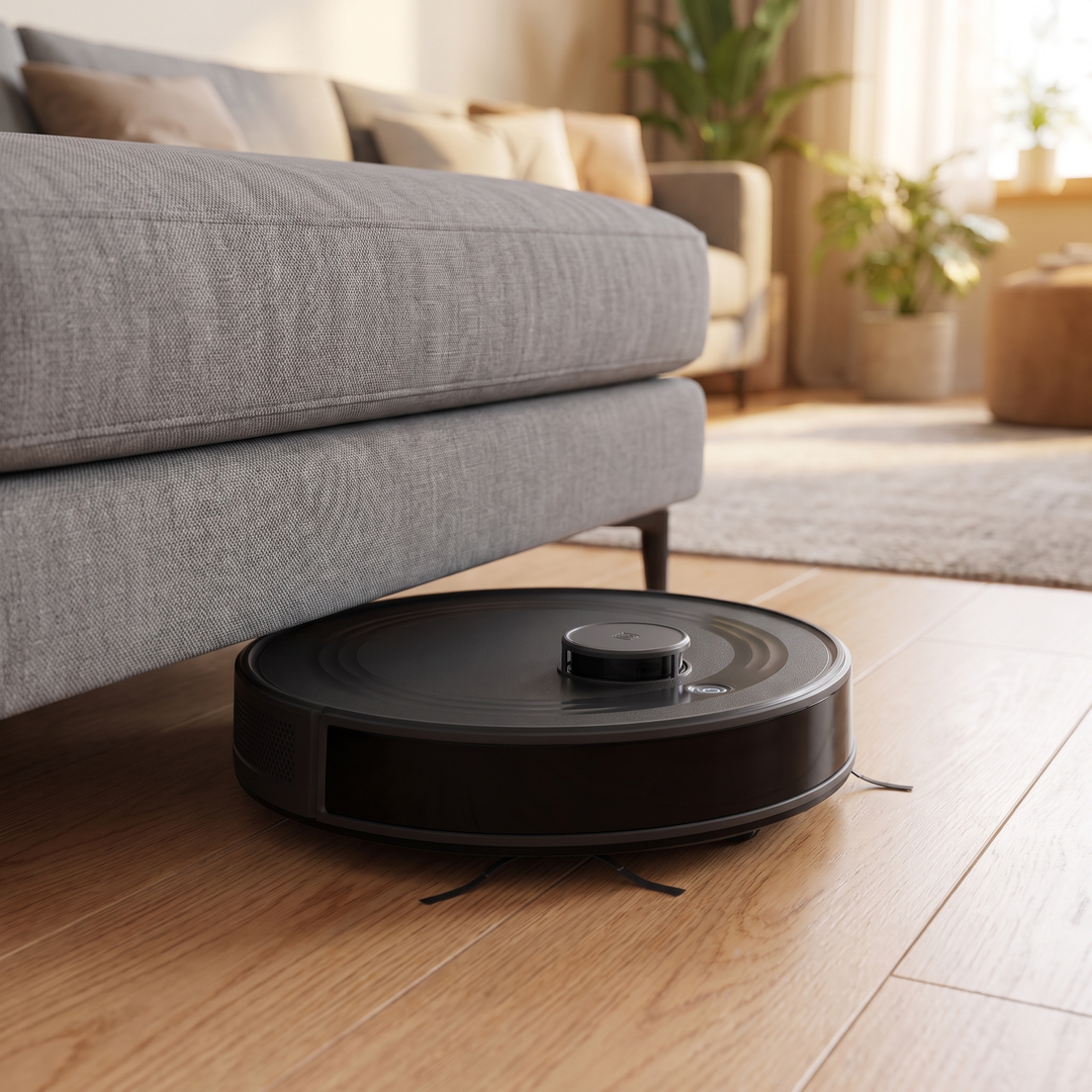 Self-Emptying Robot Vacuum sliding under a sofa