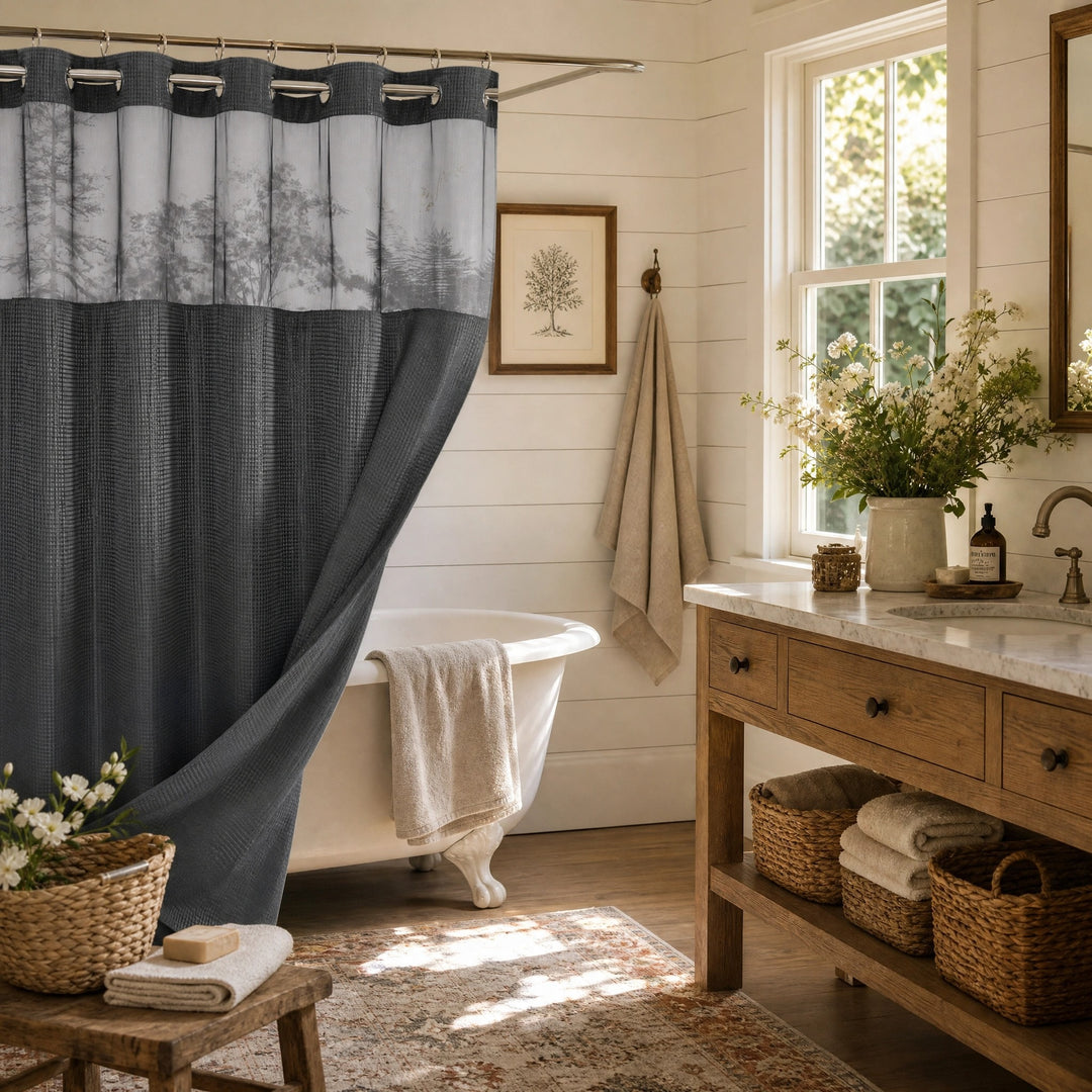 Hookless Waffle Weave Shower Curtain with Snap In Liner and Mesh Window