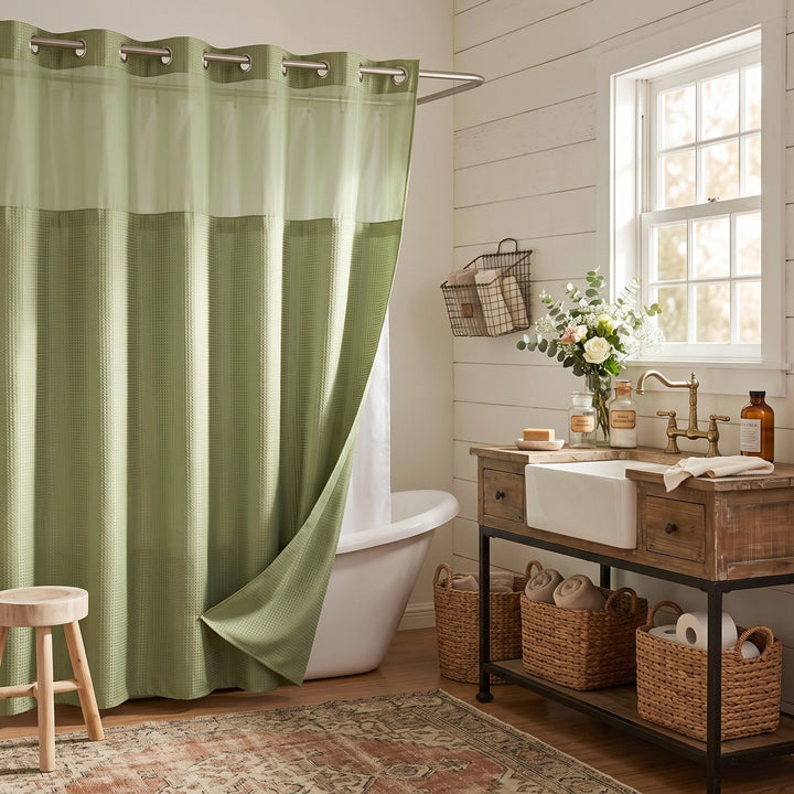Hookless Waffle Weave Shower Curtain with Snap In Liner and Mesh Window