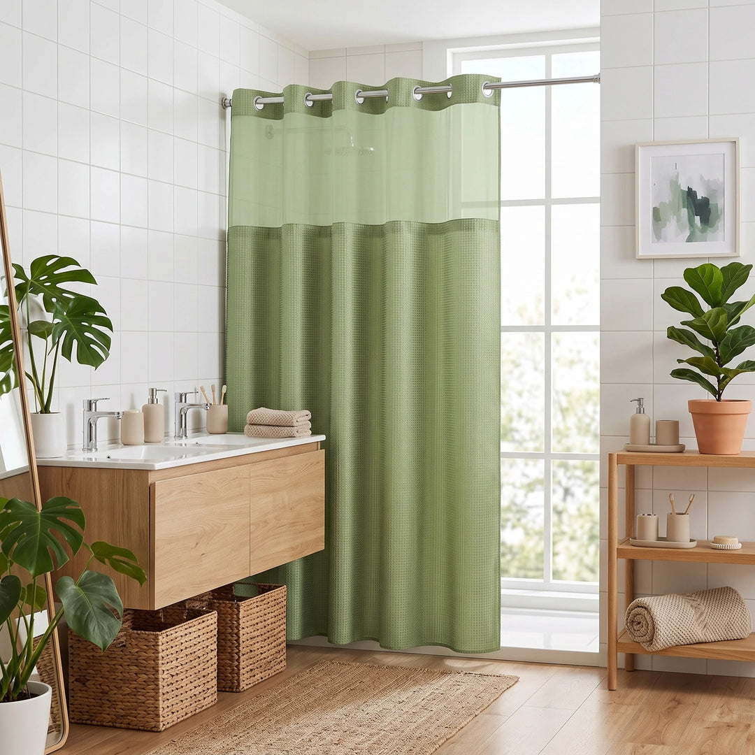 Hookless Waffle Weave Shower Curtain with Snap In Liner and Mesh Window