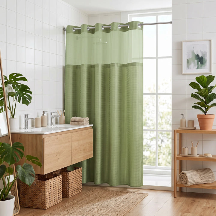 Hookless Waffle Weave Shower Curtain with Snap In Liner and Mesh Window