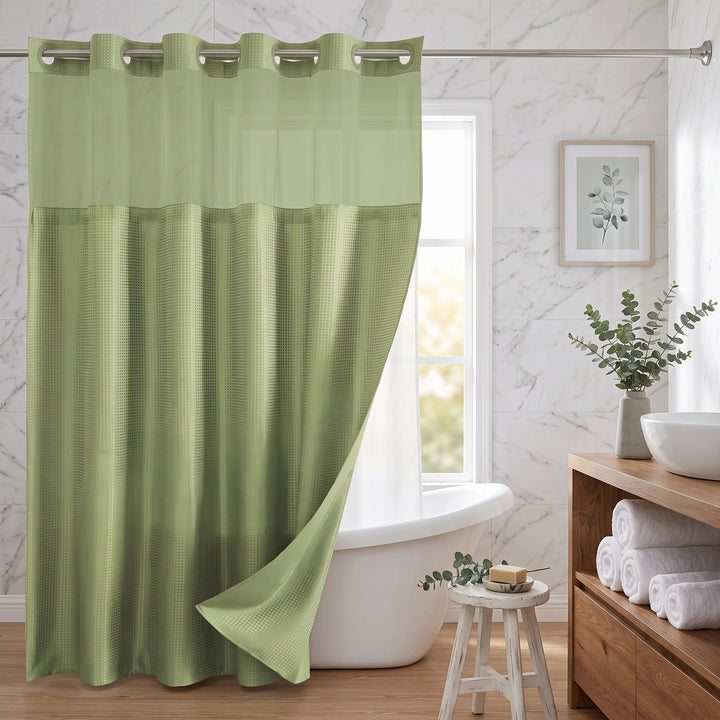 Hookless Waffle Weave Shower Curtain with Snap In Liner and Mesh Window
