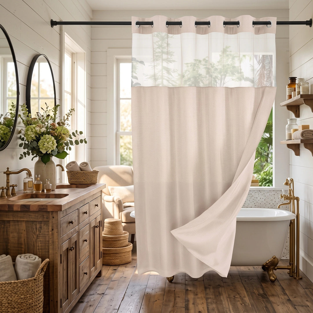Hookless Waffle Weave Shower Curtain with Snap In Liner and Mesh Window