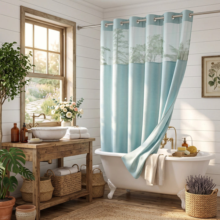Hookless Waffle Weave Shower Curtain with Snap In Liner and Mesh Window