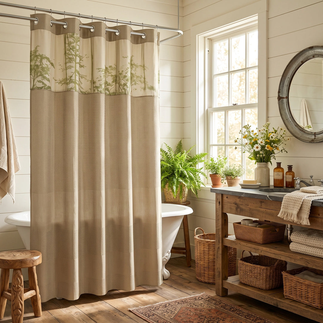 Hookless Waffle Weave Shower Curtain with Snap In Liner and Mesh Window