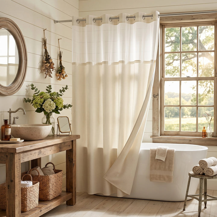Hookless Waffle Weave Shower Curtain with Snap In Liner and Mesh Window