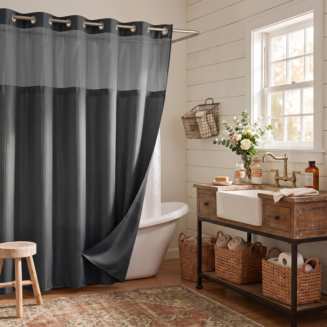 Hookless Waffle Weave Shower Curtain with Snap In Liner and Mesh Window