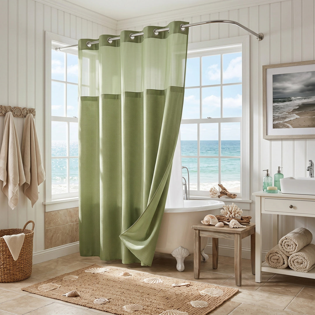 Hookless Waffle Weave Shower Curtain with Snap In Liner and Mesh Window