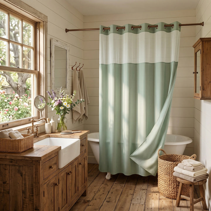 Hookless Waffle Weave Shower Curtain with Snap In Liner and Mesh Window