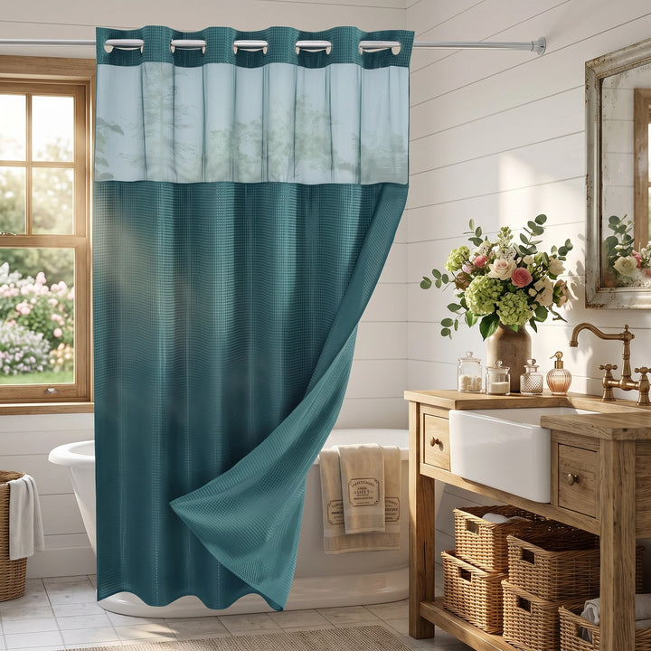 Hookless Waffle Weave Shower Curtain with Snap In Liner and Mesh Window