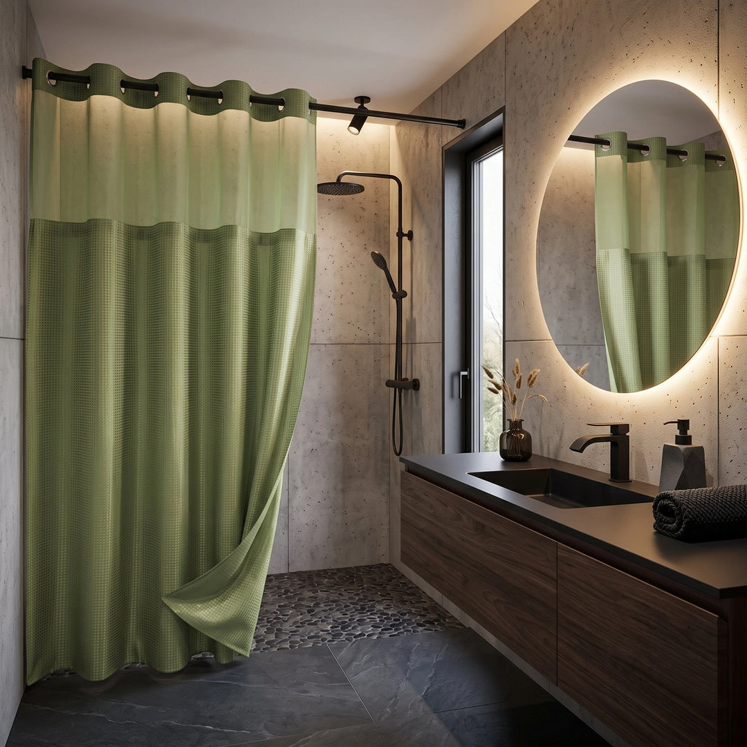 Hookless Waffle Weave Shower Curtain with Snap In Liner and Mesh Window