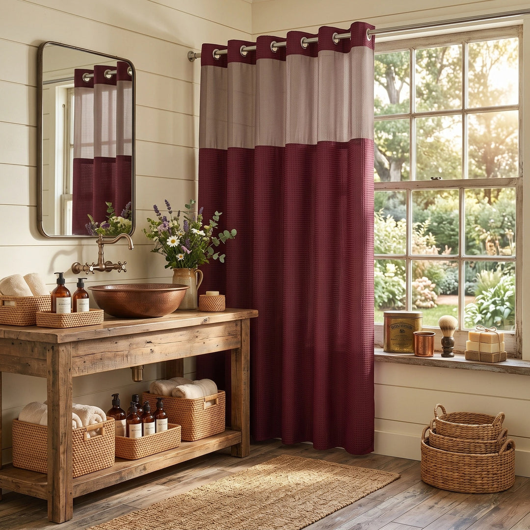 Hookless Waffle Weave Shower Curtain with Snap In Liner and Mesh Window