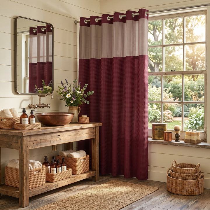 Hookless Waffle Weave Shower Curtain with Snap In Liner and Mesh Window