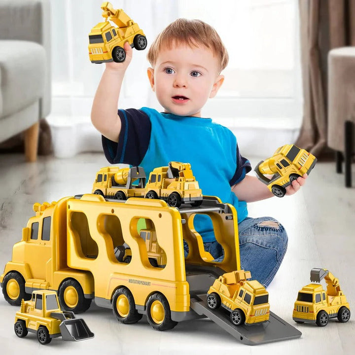 5 Piece Construction Truck Toy Set with Transport Carrier and Pull Back Cars