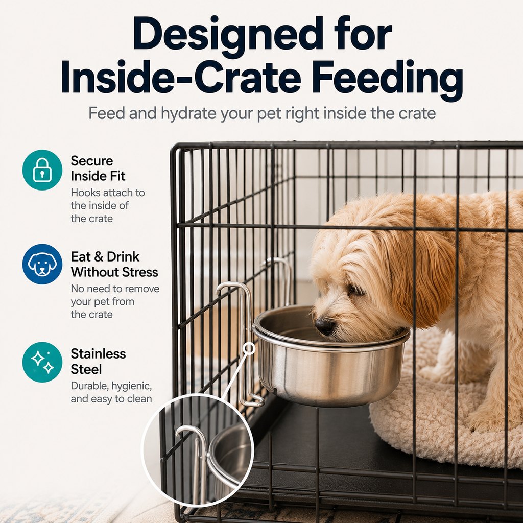 Inside-Crate Stainless Steel Hanging Pet Bowl for Dogs & Cats