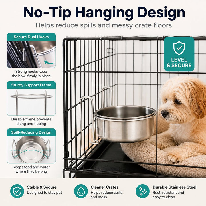 Inside-Crate Stainless Steel Hanging Pet Bowl for Dogs & Cats
