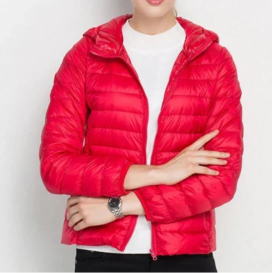 Women's Hooded Zip-Through Padded Jacket for Layering in Red
