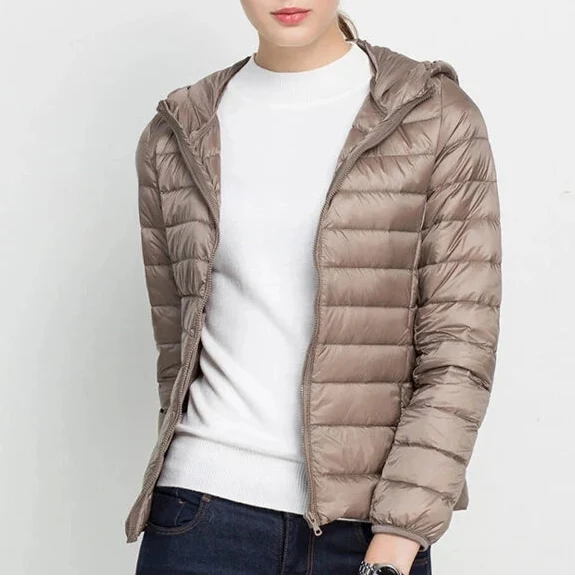 Women's Hooded Zip-Through Padded Jacket for Layering in Khaki