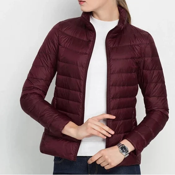 Women's Hooded Zip-Through Padded Jacket for Layering in Wine Red