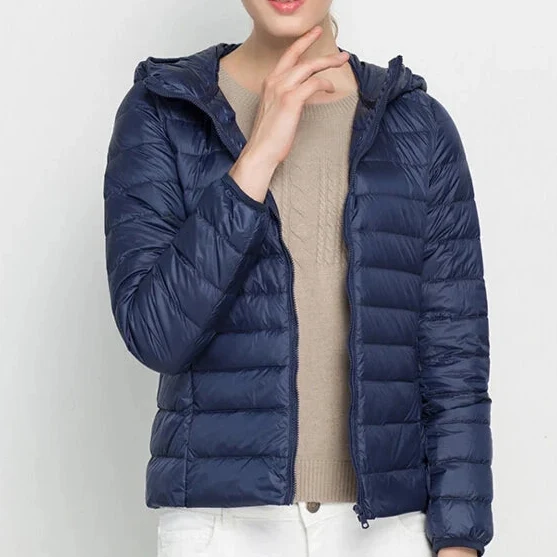 Women's Hooded Zip-Through Padded Jacket for Layering in Navy Blue