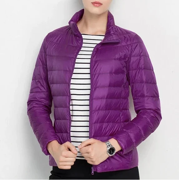 Women's Hooded Zip-Through Padded Jacket for Layering in Purple