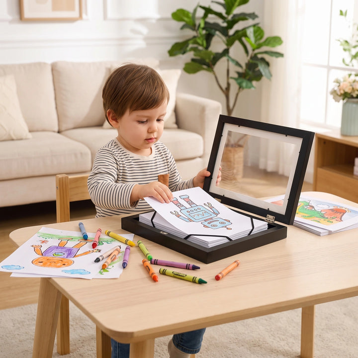 Kids Art Display Frame with Front Opening Storage for Up to 150 Drawings