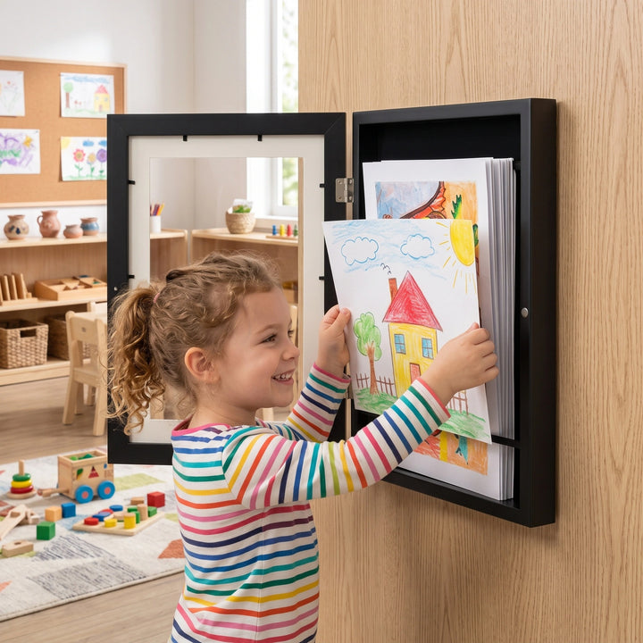 Kids Art Display Frame with Front Opening Storage for Up to 150 Drawings