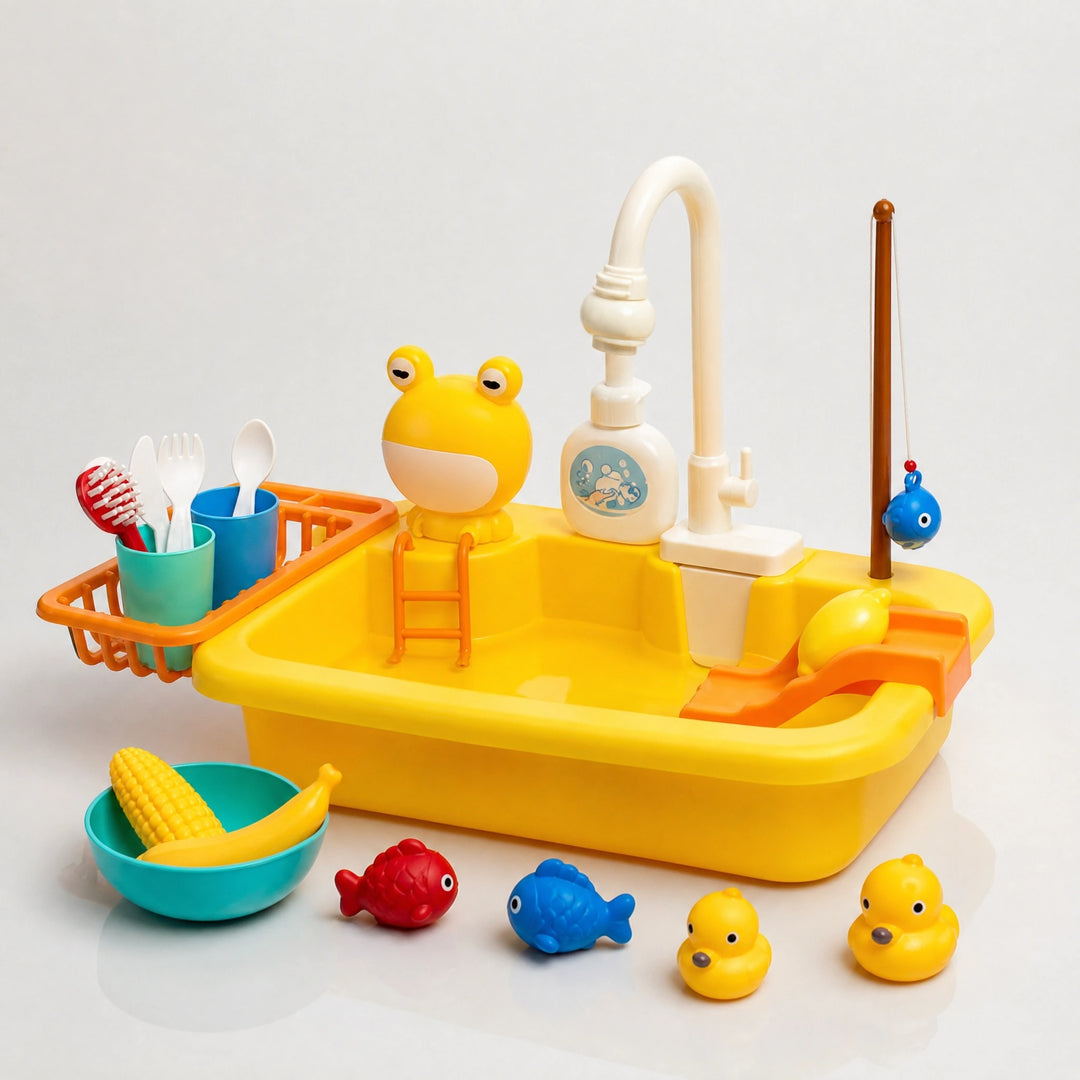 Kids Play Kitchen Sink Set with Running Water Fishing Game and Accessories