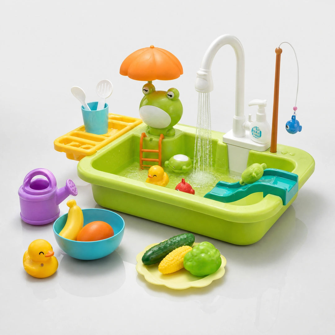 Kids Play Kitchen Sink Set with Running Water Fishing Game and Accessories