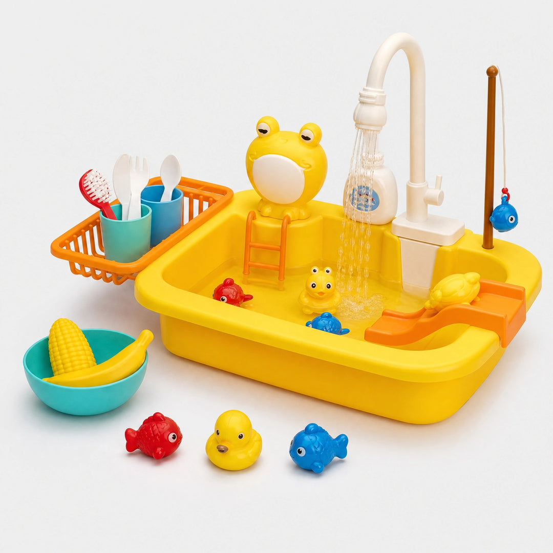 Kids Play Kitchen Sink Set with Running Water Fishing Game and Accessories