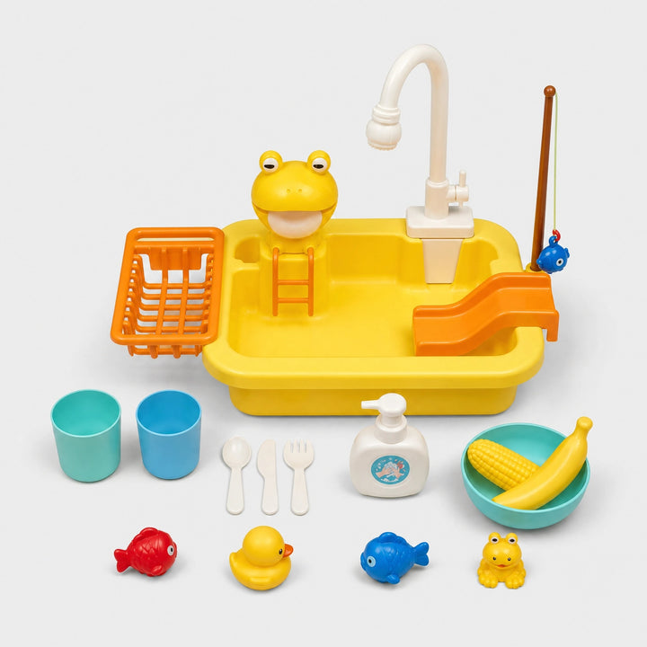 Kids Play Kitchen Sink Set with Running Water Fishing Game and Accessories