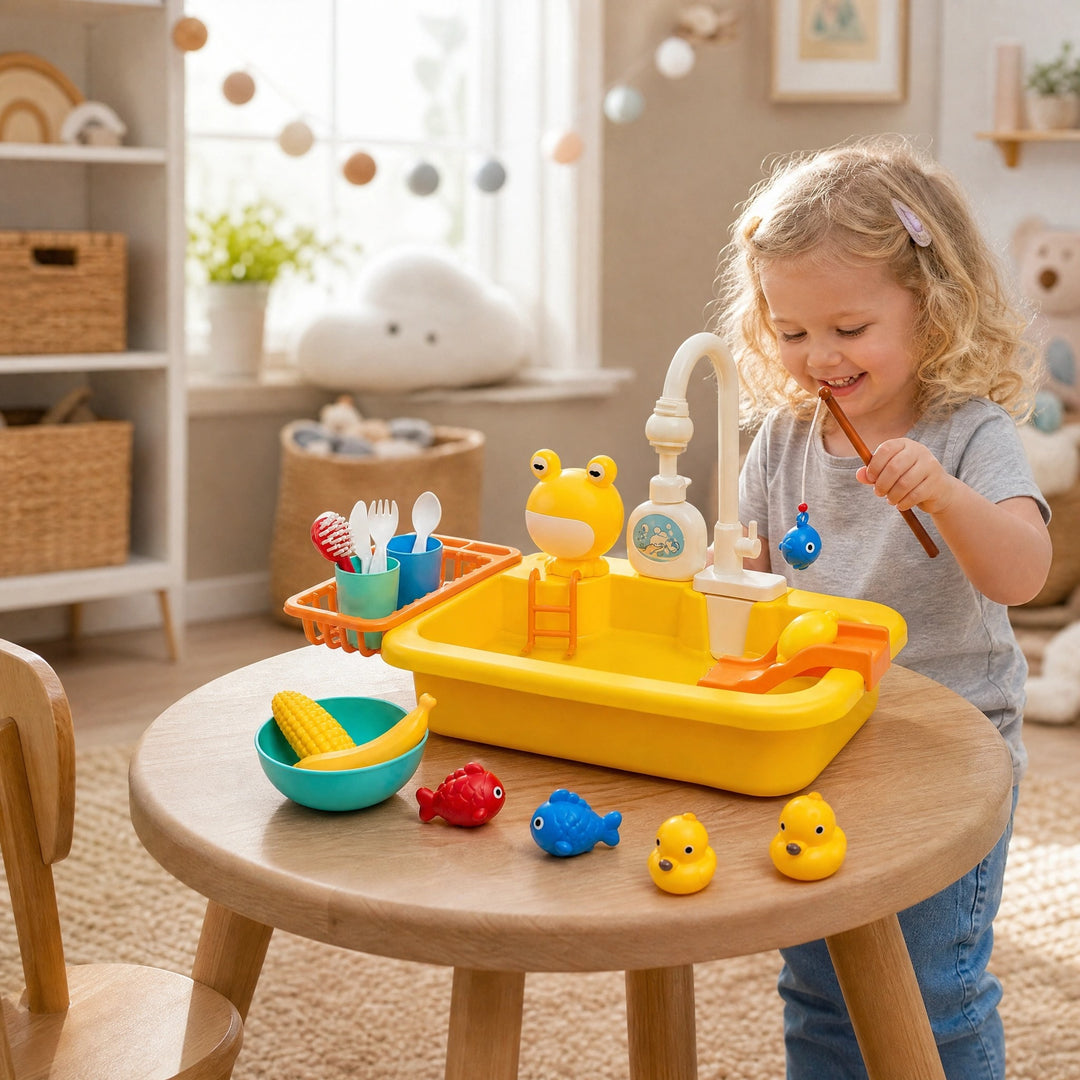 Kids Play Kitchen Sink Set with Running Water Fishing Game and Accessories