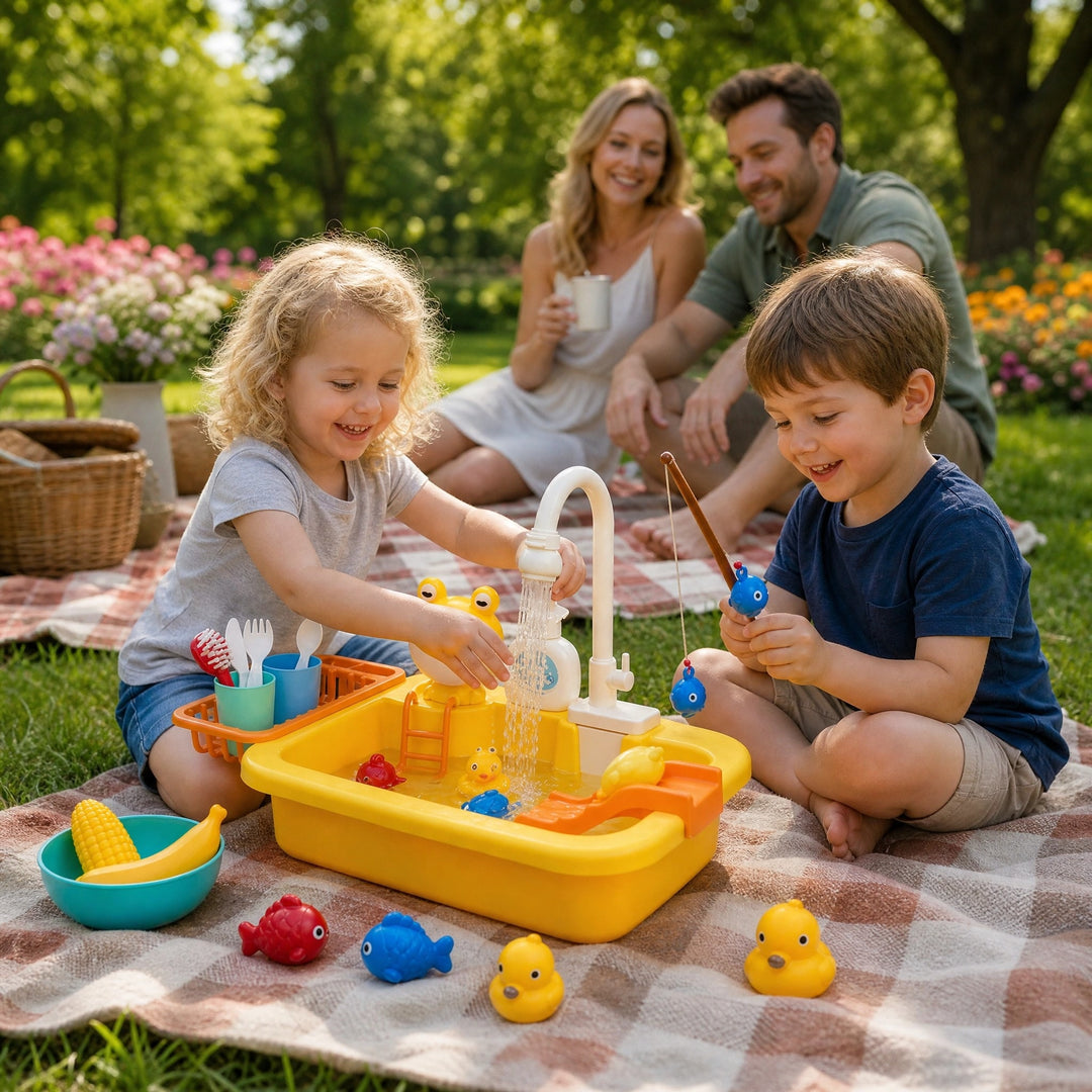 Kids Play Kitchen Sink Set with Running Water Fishing Game and Accessories
