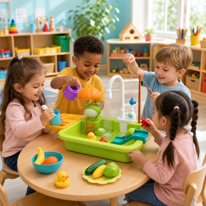 Kids Play Kitchen Sink Set with Running Water Fishing Game and Accessories