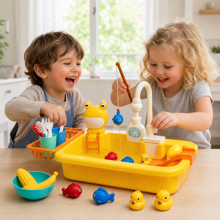 Kids Play Kitchen Sink Set with Running Water Fishing Game and Accessories
