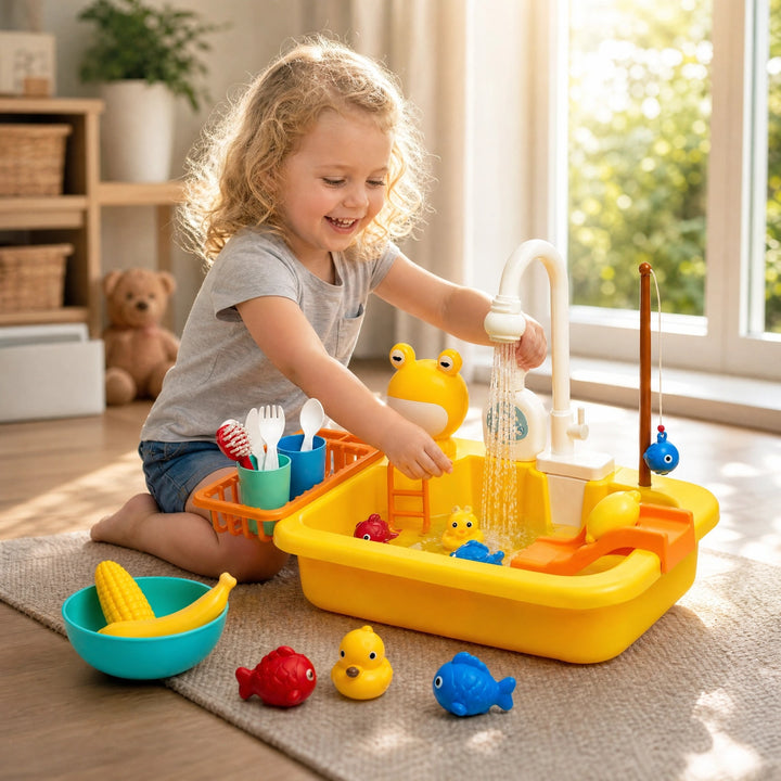 Kids Play Kitchen Sink Set with Running Water Fishing Game and Accessories