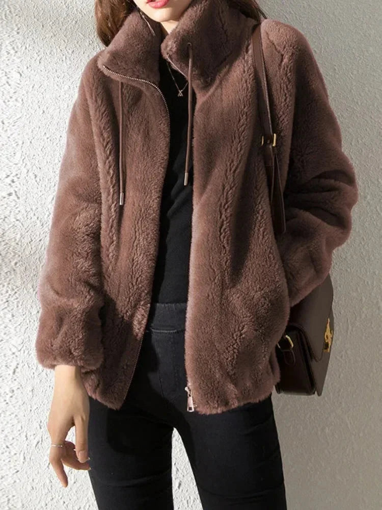 Women's Zip-Through Fleece-Lined Jacket for Cold Weather in Dark Brown