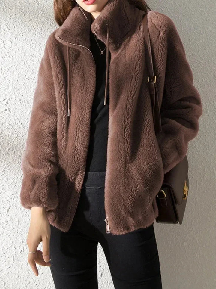 Women's Zip-Through Fleece-Lined Jacket for Cold Weather in Dark Brown