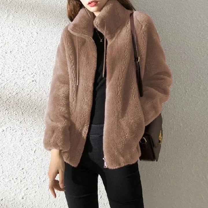 Women's Zip-Through Fleece-Lined Jacket for Cold Weather in Light Brown