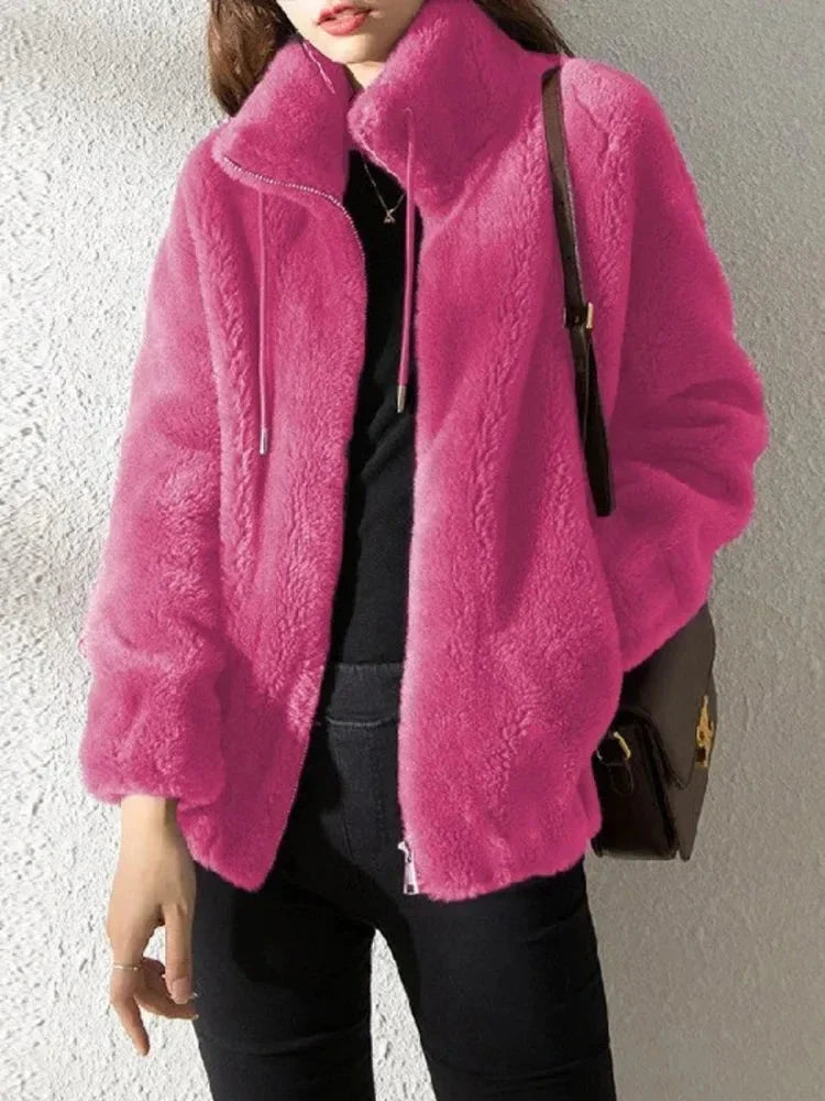 Women's Zip-Through Fleece-Lined Jacket for Cold Weather in Pink
