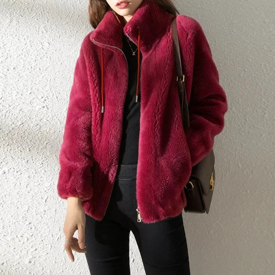 Women's Zip-Through Fleece-Lined Jacket for Cold Weather in Red