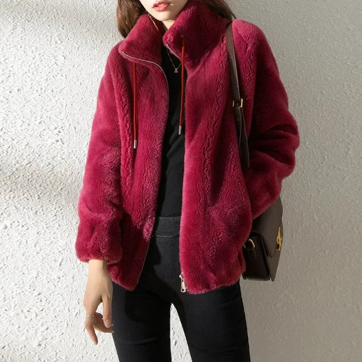 Women's Zip-Through Fleece-Lined Jacket for Cold Weather in Red