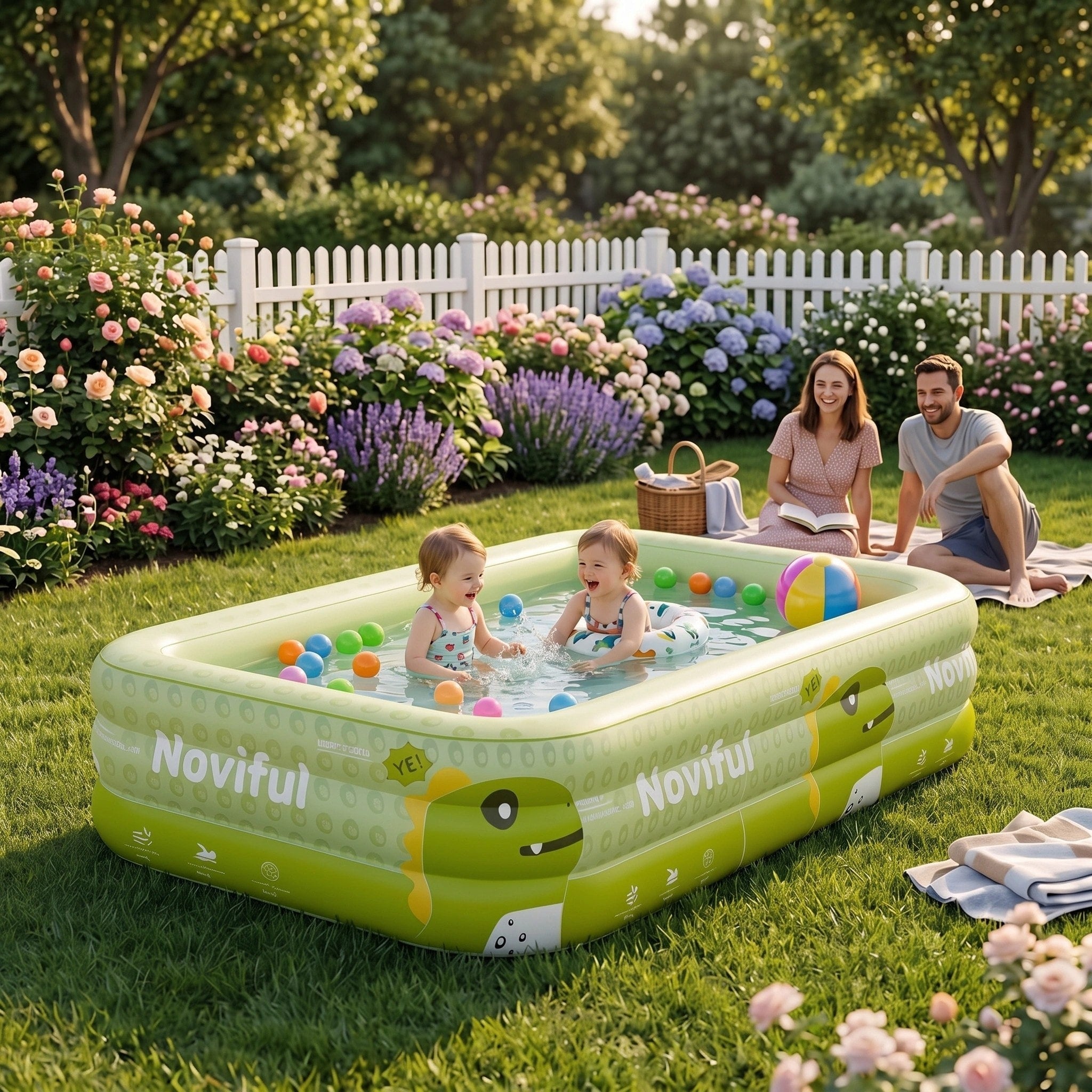 Family enjoying a Noviful inflatable pool in a summer garden