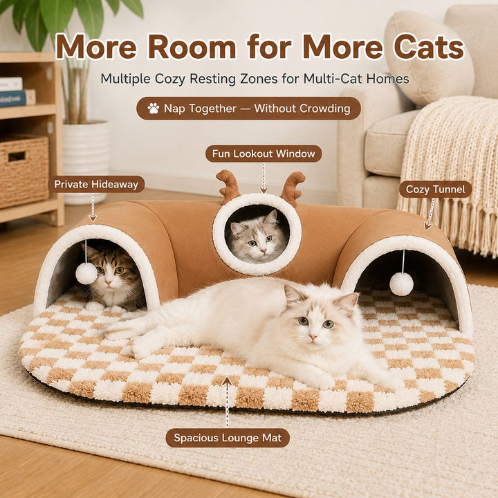 3-in-1 Multi-Cat Tunnel Bed & Play Mat for Indoor Cats