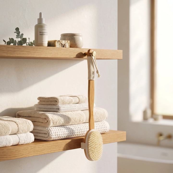 Long Handle Bath Brush with Natural Boar Bristles, Wooden Handle & Hanging Loop