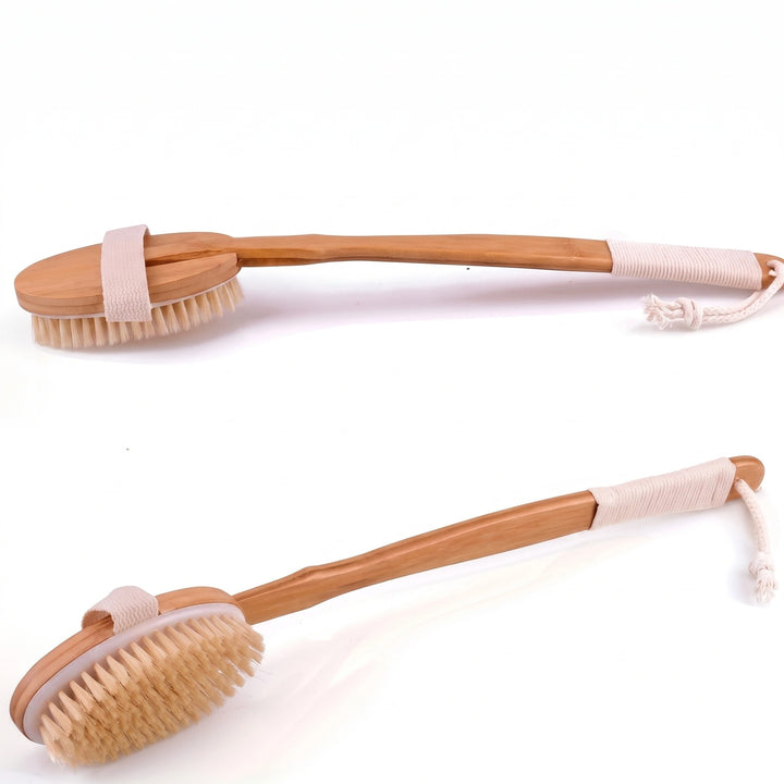 Long Handle Bath Brush with Natural Boar Bristles, Wooden Handle & Hanging Loop
